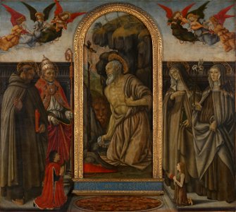 Botticini, Francesco - Saint Jerome in Penitence with Saints and Donors - National Gallery London. Free illustration for personal and commercial use.