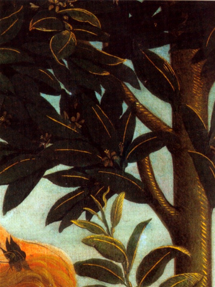 Botticelli, nascita di venere, lumeggiature nella vegetazione