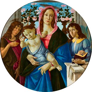 Botticelli - Madonna with Child, Saint John the Baptist and an Angel (Warsaw). Free illustration for personal and commercial use.