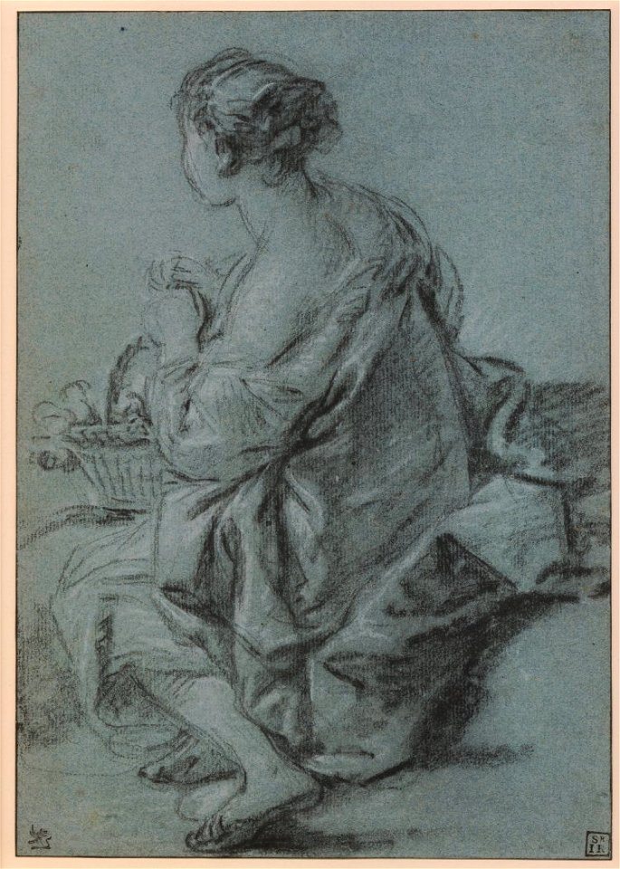 Boucher - A seated woman with a basket Black and white chalk on blue paper, framing lines in pen and black ink, 1765 (circa)