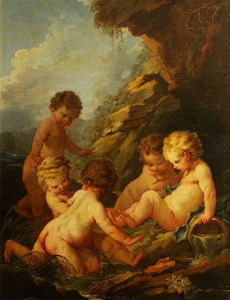 Boucher - Five naked children playing by a rocky pool, 1730-1735