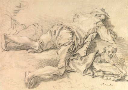 Boucher - Study of Two Male Figures and a Dog, between 1730 and 1735. Free illustration for personal and commercial use.