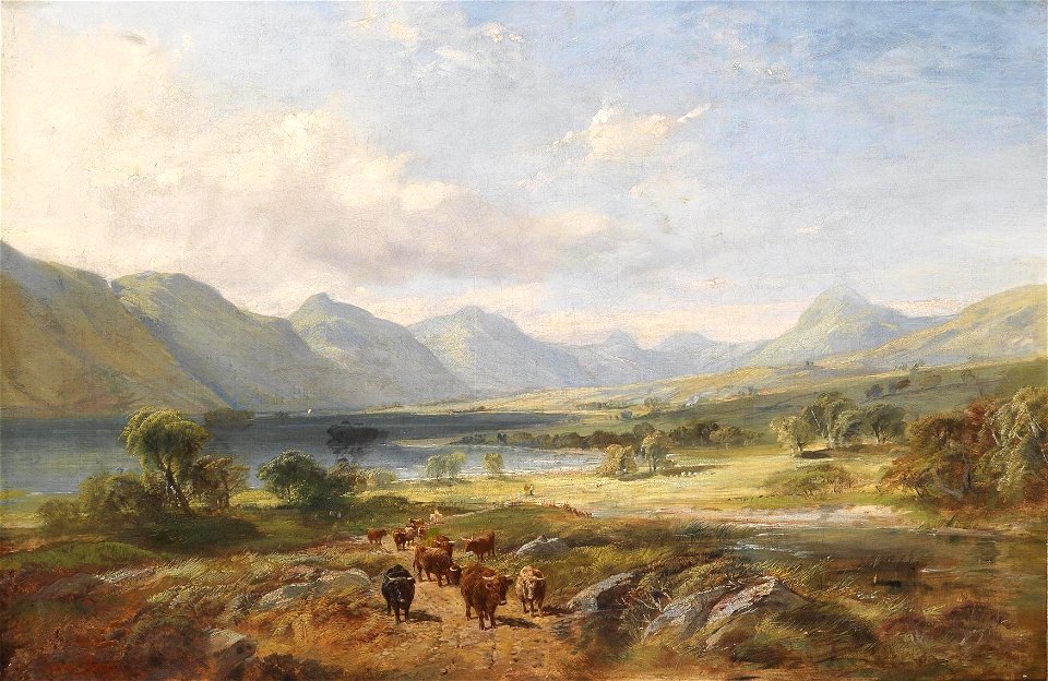 Samuel Bough - Highland cattle in an open lakeland landscape