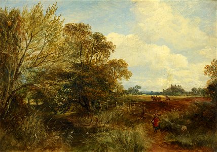 Samuel Bough - Ploughing, with a figure dressed in red entering the field