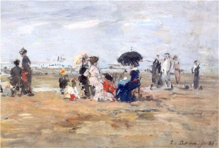 'Trouville, Scène de plage', oil on wood painting by Eugène Boudin