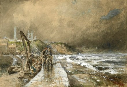 Samuel Bough - At the harbour wall, St. Andrews. Free illustration for personal and commercial use.