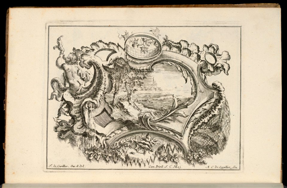 Bound Print, Cartouche with Putto Blowing Conch, Livre de Cartouches Irréguliers (Book of Irregular Cartouches), 1738 (CH 18237975)