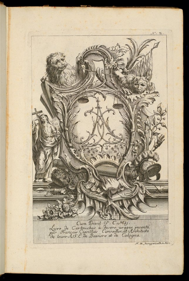 Bound Print, Cartouche with Two Lions and a Cipher, Livre de Cartouches à divers usages (Book of Cartouches for Different Uses), 1738 (CH 18238345)