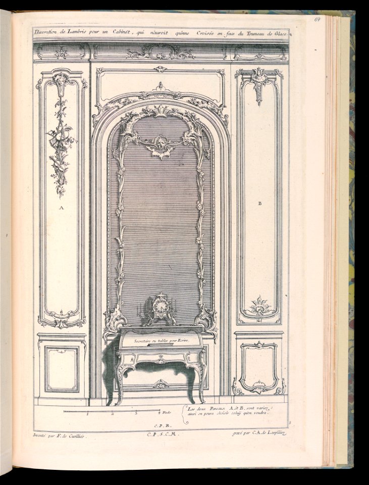 Bound Print, Wall with Mirror and Secretary Desk, Desseins de Lambris (Wainscoting Designs), 18th century (CH 18238841)