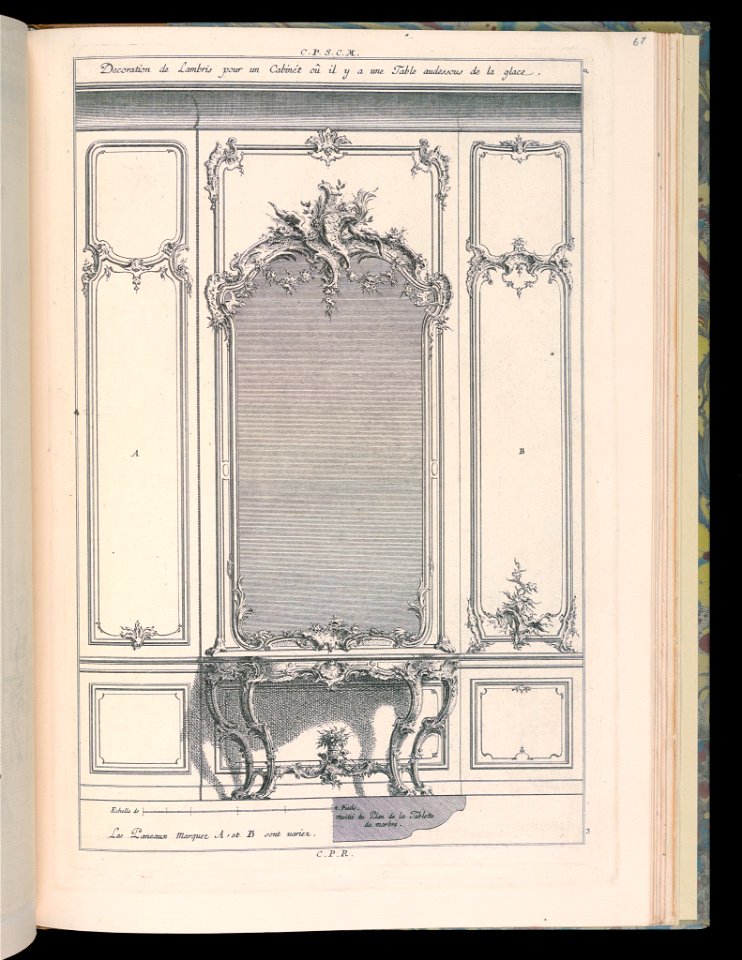 Bound Print, Wall with Mirror and Console Table, Desseins de Lambris (Wainscoting Designs), 18th century (CH 18238821)