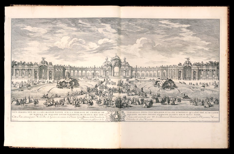 Bound Print, Veüe perspective de la décoration élevée sur la terrasse du Château de Versailles pour l’illumination et le feu d’artifice qui a été tiré à l’occasion du mariage de Madame (CH 18221223)
