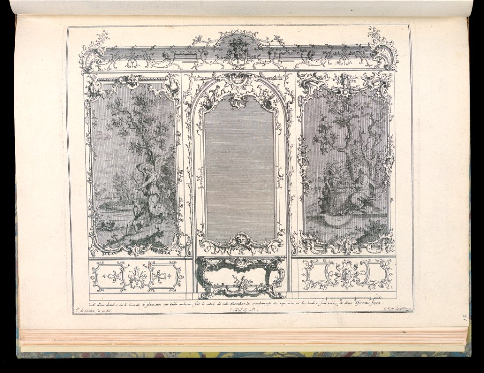 Bound Print, Wall with Central Mirror, Console Table, and Tapestries, Nouveaux desseins de Lambris (New Wainscoting Designs), 18th century (CH 18238737)