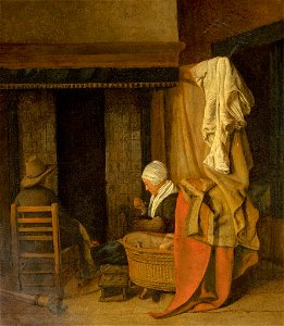 Cottage Interior with a Peasant Family Sitting by a Fireplace by Esaias Boursse