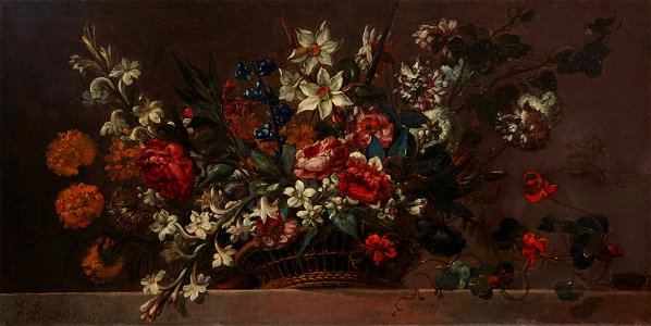 Johann Baptiste Bouttats - Still life with a basket of flowers on an entablature