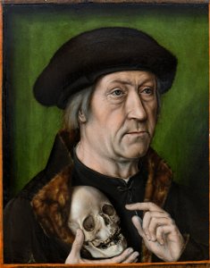 Aelbrecht Bouts - Portrait of a Man Holding a Skull (Brukenthal-Museum). Free illustration for personal and commercial use.