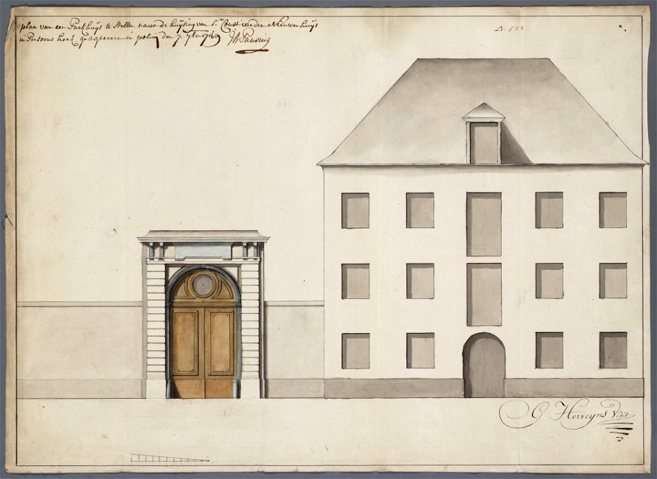 Bouwaanvraag voor de gevel van een pakhuis, gelegen in de Persoonshoek, A 503