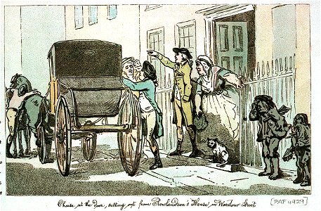 Chaise at the door, setting out from Rowlandson's House in Wardour Street (caricature) RMG PW4929