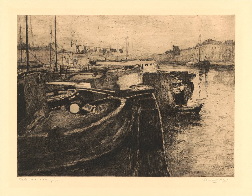 Chalands amarrés, print by Armand Apol (1879-1950), Belgium, Prints Department of the Royal Library of Belgium, S.III 68000