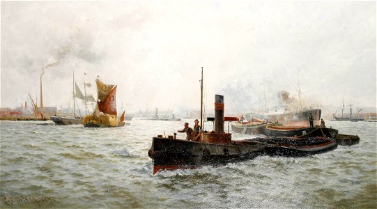 Charles James De Lacy - Thames scene with barges in the foreground (1887). Free illustration for personal and commercial use.