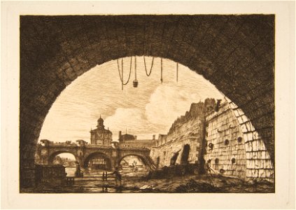 Charles Meryon, Le Pont Neuf et la Samaritaine de dessous la première arche du Pont au Change, 1855