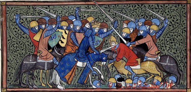 Charles Martel defeating Eudo and the Saracens, Grandes chroniques de France, Royal 16 G.VI, f.117v, c. 1332-1350 (22727638241). Free illustration for personal and commercial use.