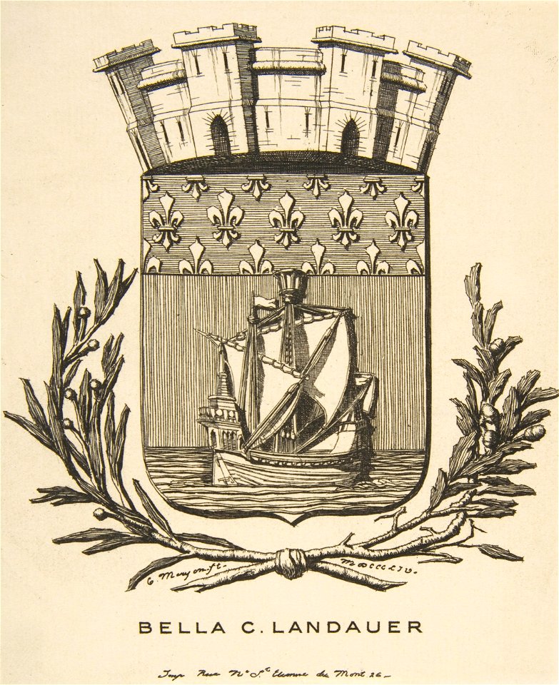Charles Meryon, Coat-of-Arms Symbolizing the City of Paris; Bookplate of Bella C. Landauer