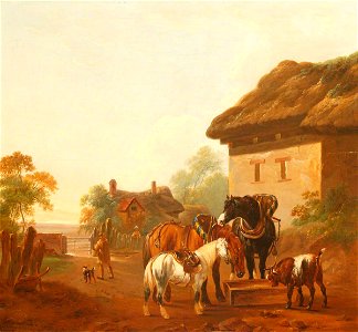 Charles Towne (1763-1840) (attributed to) - Farmyard Scene with Horses and a Goat by a Trough - 1548010 - National Trust