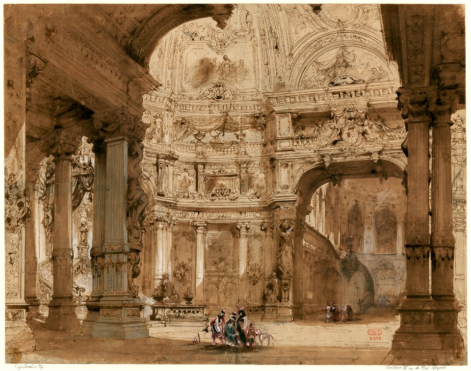 Charles-Antoine Cambon - Set design for the première production of Daniel Auber's Gustave III, Act V, Scene 2 - Original