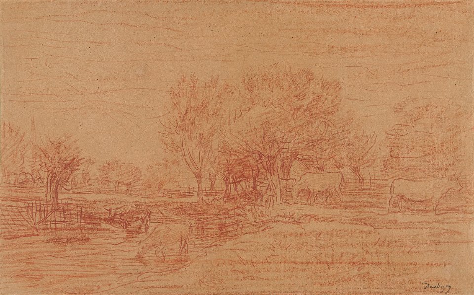 Charles-François Daubigny - Landschap met grazende en drinkende koeien en een toekijkende stier