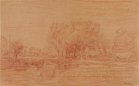 Charles-François Daubigny - Landschap met grazende en drinkende koeien en een toekijkende stier