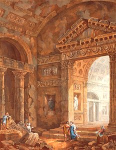 Charles-louis clerisseau--interior of a roman basilica with figures--1--1769--christies. Free illustration for personal and commercial use.