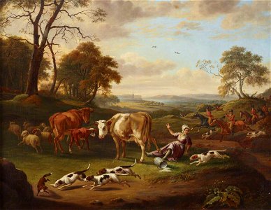 Charles Towne (1763-1840) - The Royal Buckhounds, Chasing a Fox and Upsetting a Milkmaid, with Windsor Castle in the Distance - 515644 - National Trust
