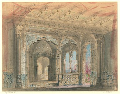 Charles-Antoine Cambon - Set design for the première of Adolphe Adam's Le Corsaire, Act III, Scene 1 - Original. Free illustration for personal and commercial use.