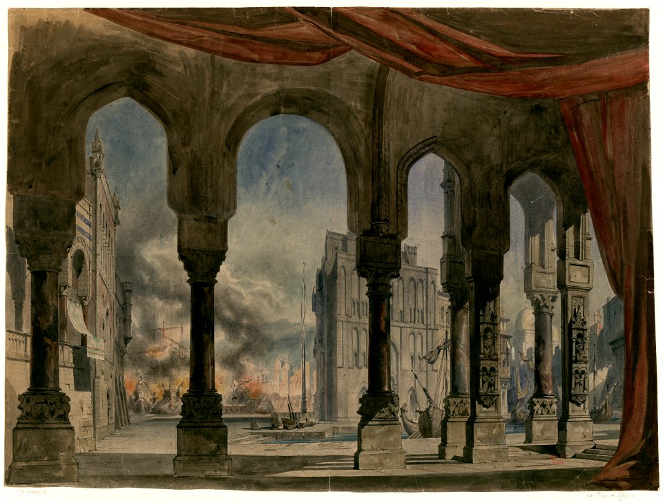 Charles-Antoine Cambon - Set design for Act V, Scene 2 of Fromental Halévy's La reine de Chypre - Original