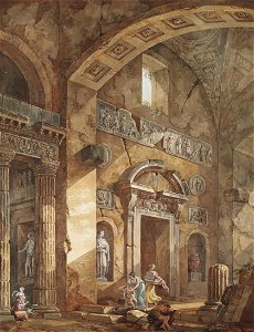 Charles-louis clerisseau--interior of a roman basilica with figures--2--1769--christies. Free illustration for personal and commercial use.