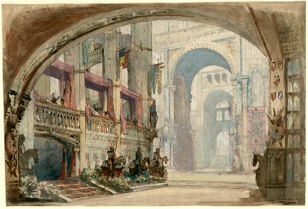 Charles-Antoine Cambon - Set design for the première of Rossini's Robert Bruce, Act III, Scene 3. Free illustration for personal and commercial use.