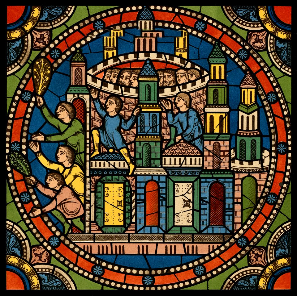 Chartres VITRAIL DE LA VIE DE JÉSUS-CHRIST Motiv 24 Les Rameaux - les habitants de Jérusalem sortant de la ville et venant au--devant du Sauveur