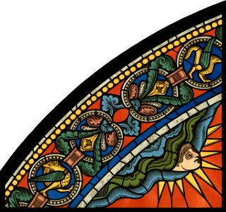 Chartres VITRAIL DE LA VIE DE JÉSUS-CHRIST Motiv 28 sommet de la fenêtre figure de la Sainte Vierge tenant son Fils sur ses genoux