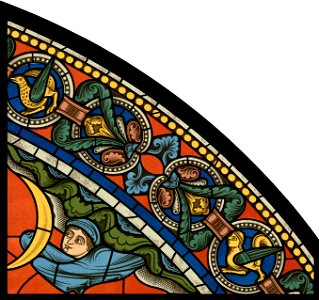 Chartres VITRAIL DE LA VIE DE JÉSUS-CHRIST Motiv 29 sommet de la fenêtre figure de la Sainte Vierge tenant son Fils sur ses genoux