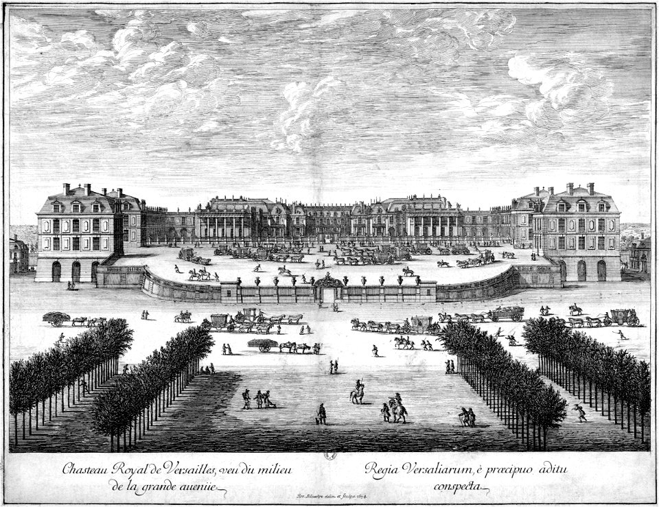 Chasteau Royal de Versailles veu du milieu de la grande avenue 1674