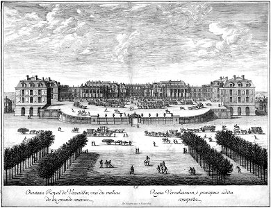 Chasteau Royal de Versailles veu du milieu de la grande avenue 1674