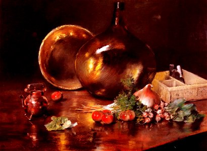 Chase William Merritt Still Life Brass and Glass 1888. Free illustration for personal and commercial use.