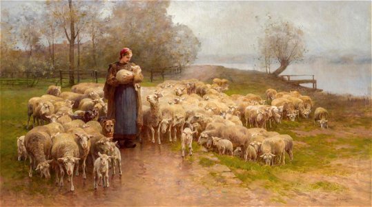 Shepherdess and Her Herd by Luigi Chialiva. Free illustration for personal and commercial use.