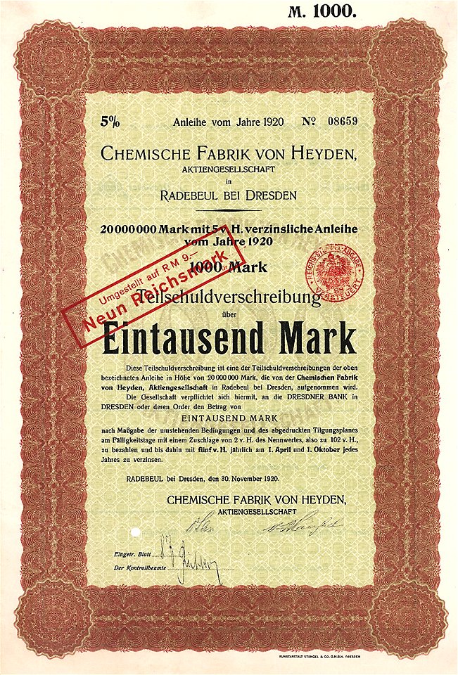 Chemische Fabrik von Heyden 1000 Mk 1920