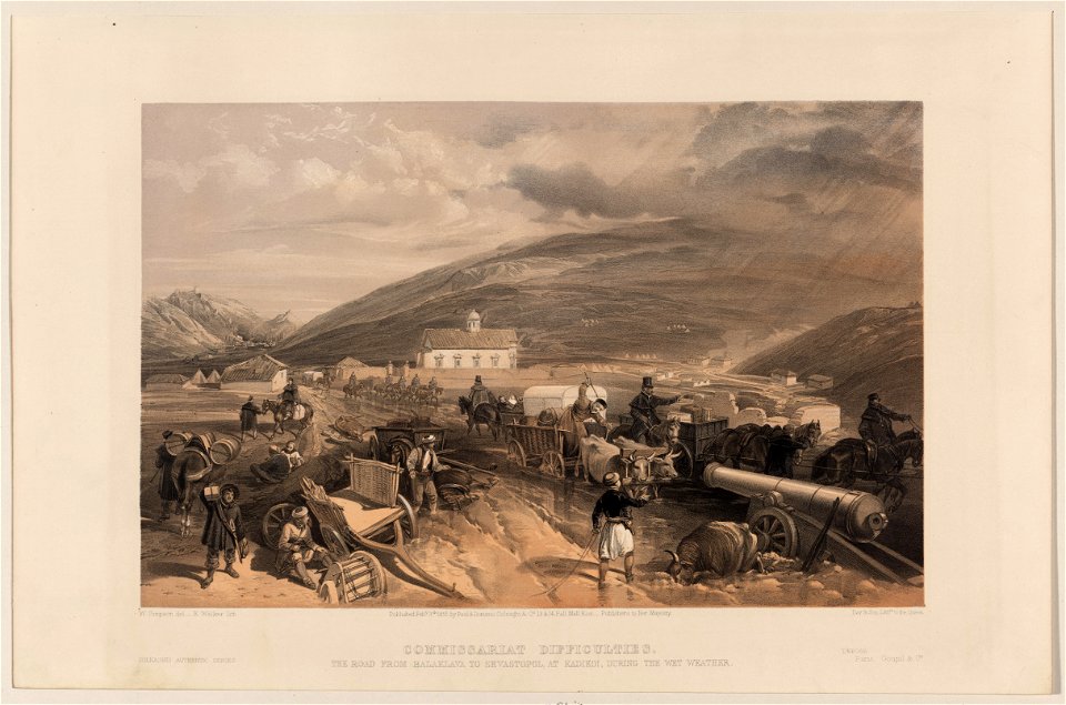 Commissariat difficulties - the road from Balaklava to Sevastopol, at Kadikoi, during the wet weather - W. Simpson del. ; E. Walker lith. LCCN2004672572