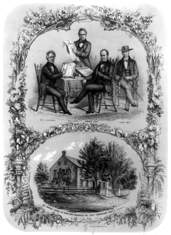 Composite of two illustrations- 1. Rev. L. Armstrong, Dr. B.J. Clark, Gardiner Stow, and James Mott around table with Holy Bible, Temperance Constitution, and Blackstone's Commentary; 2. The LCCN96515923