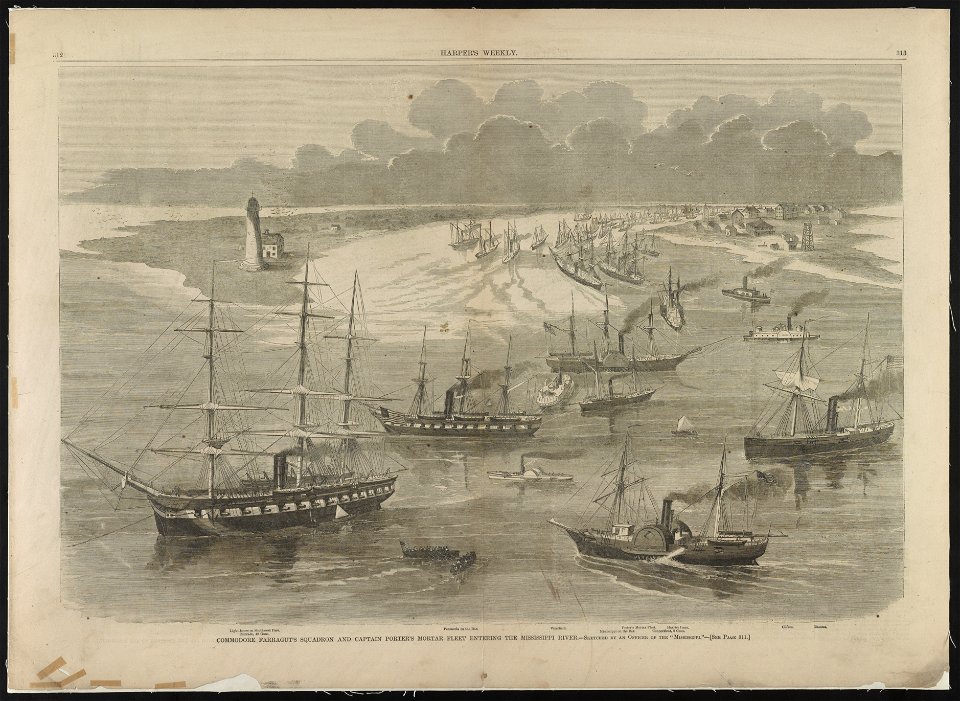 Commodore Farragut's squadron and Captain Porter's mortar fleet entering the Mississippi River - sketched by an Officer of the Mississippi. LCCN2013646580