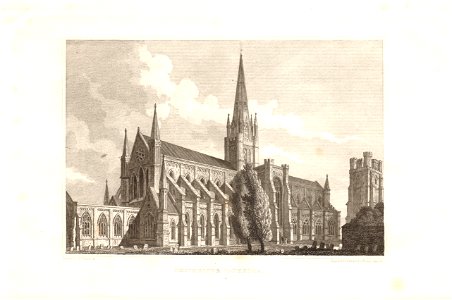 Chichester Cathedral engraving by N Whittock, published 1829