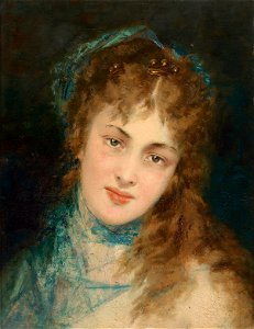 Conrad Kiesel - Bildnis einer Dame mit blauem Tuch, 1878