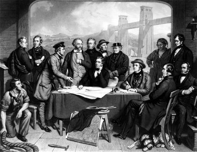 Conference of Engineers at the Menai Straits Preparatory to Floating one of the Tubes of the Britannia Bridge by John Lucas